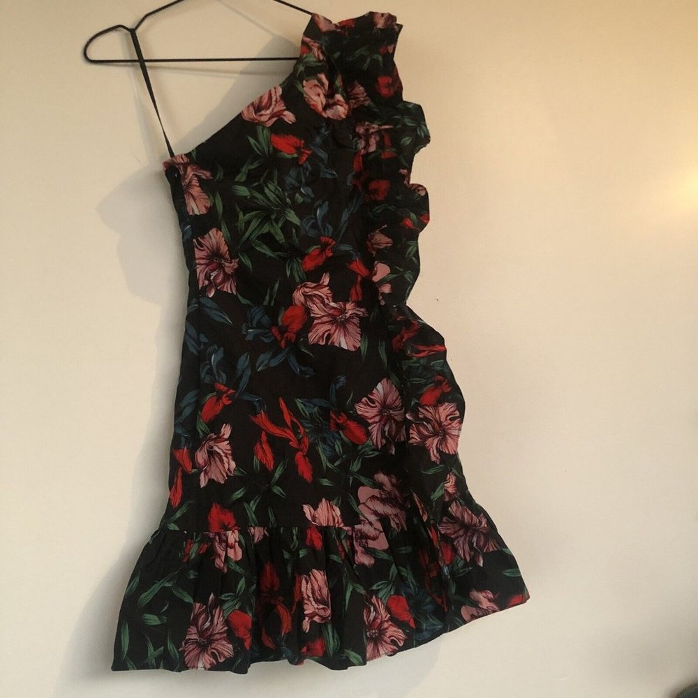 Pam & Gela Bali High Side Ruffle Mini Dress Black Floral - Picture 8 of 9